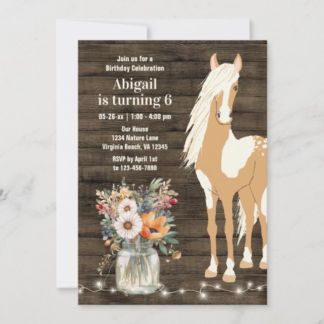 Invitación Caballo de bonito y flores Cumpleaños de la Madera (Anverso)