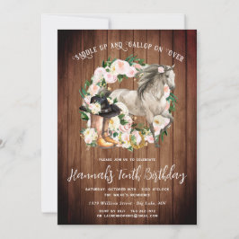 Invitación Caballo de bonito y flores en cumpleaños de madera