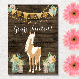 Invitación Caballo de bonito y flores en cumpleaños de madera