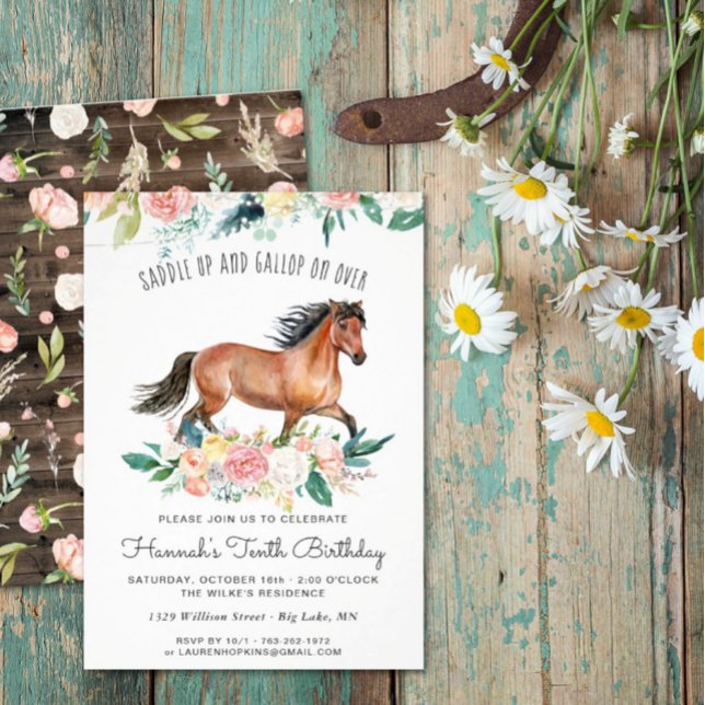 Invitación Caballo de bonito y flores en cumpleaños de madera (Subido por el creador)