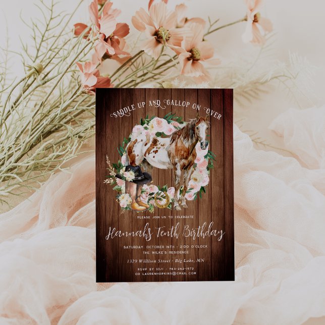 Invitación Caballo de bonito y flores en cumpleaños de madera (Subido por el creador)