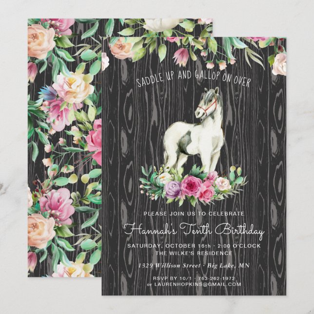 Invitación Caballo de bonito y flores en cumpleaños de madera (Anverso / Reverso)
