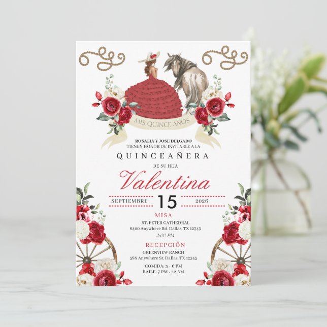 Invitación Caballo de Carro Occidental Rojo Quinceañera (Anverso de pie)