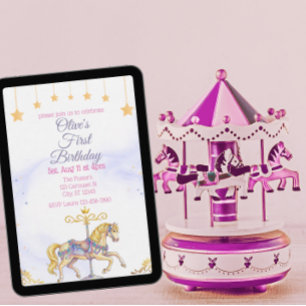 Invitación Caballo de carrusel acuarela rosa dorado cumpleaño