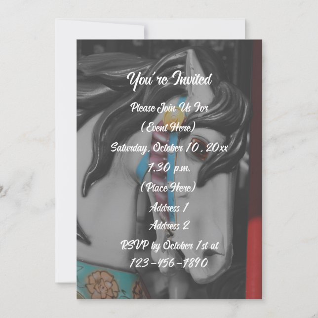 Invitación Caballo de carrusel ardiente negro y blanco fiesta (Anverso)