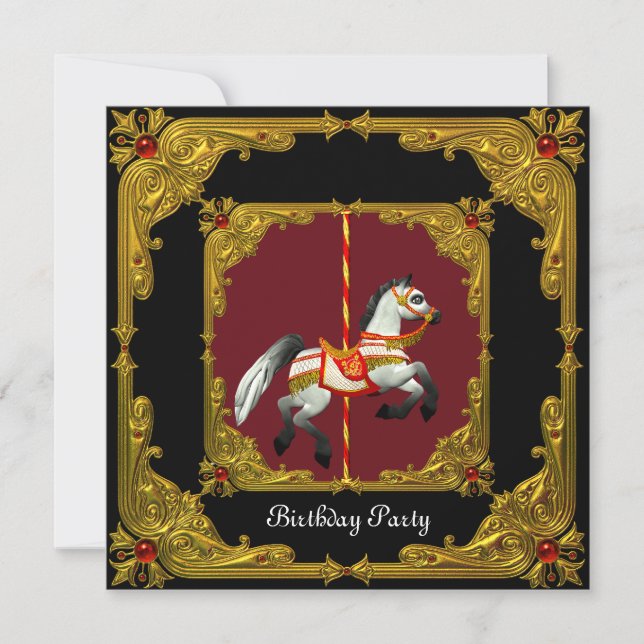 Invitación Caballo de carrusel dorado rojo negro regio cumple (Anverso)