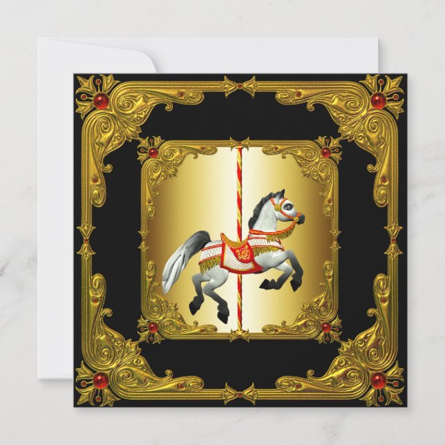 Invitación Caballo de carrusel negro y dorado elegante (Anverso)