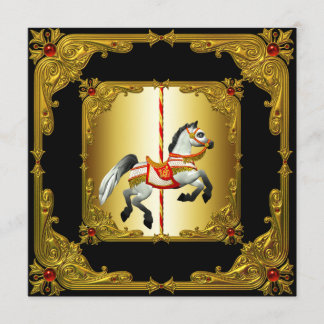 Invitación Caballo de carrusel negro y dorado elegante