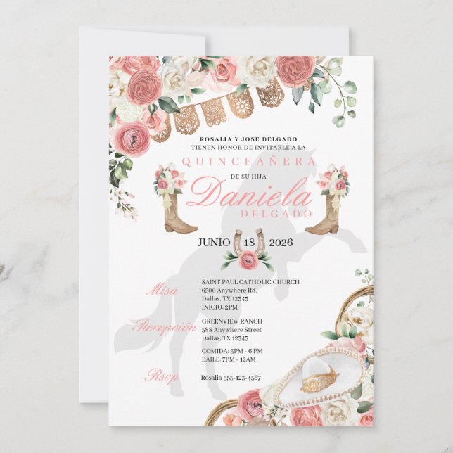 Invitación Caballo de gallina rosa rustica Quinceañera Occide (Anverso)