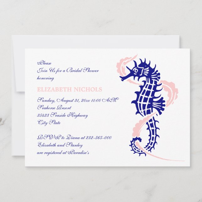 Invitación Caballo de mar azul, boda rosa ducha de novia (Anverso)