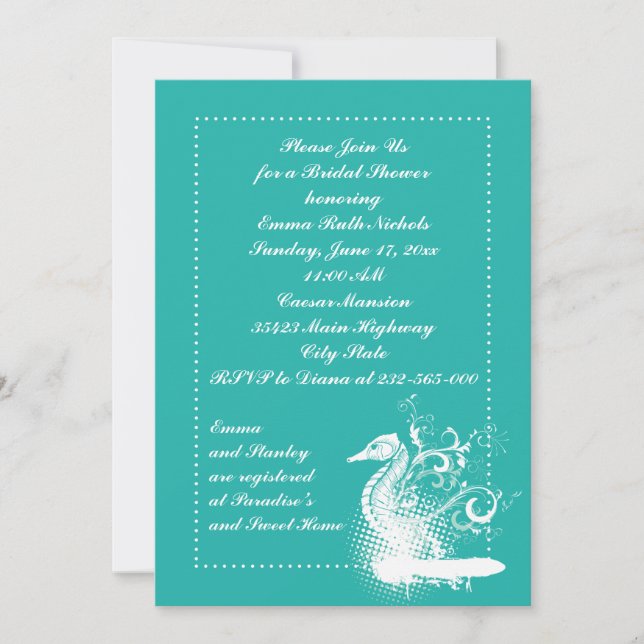 Invitación Caballo de mar blanco boda ducha de novia (Anverso)
