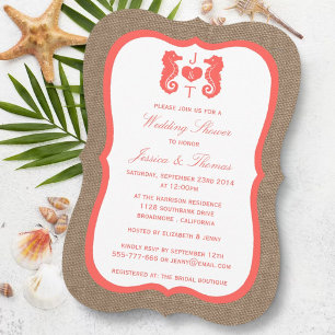 Invitación Caballo De Mar De Coral En La Ducha De Boda De Bur