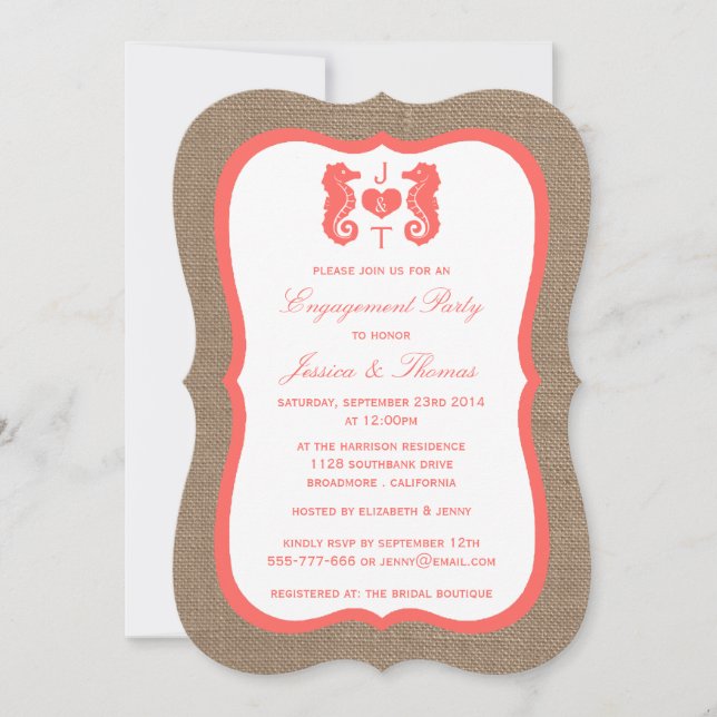 Invitación Caballo De Mar De Coral En La Ducha De Compromiso  (Anverso)