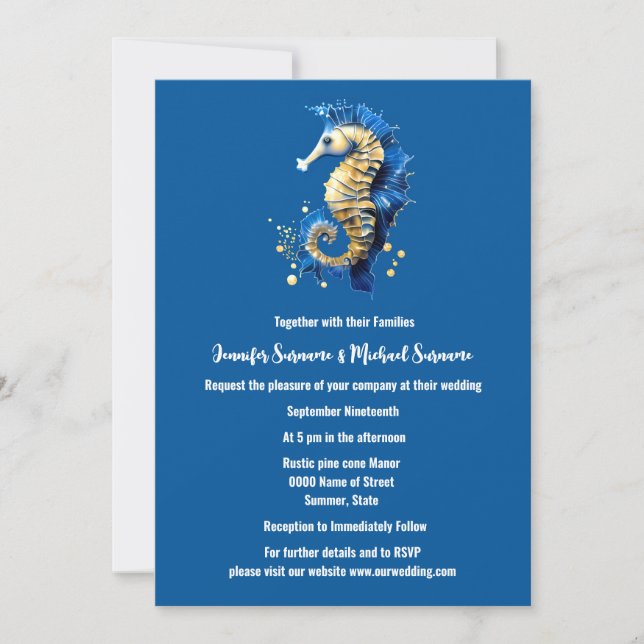 Invitación Caballo de mar dorado azul claro elegante tema de  (Anverso)