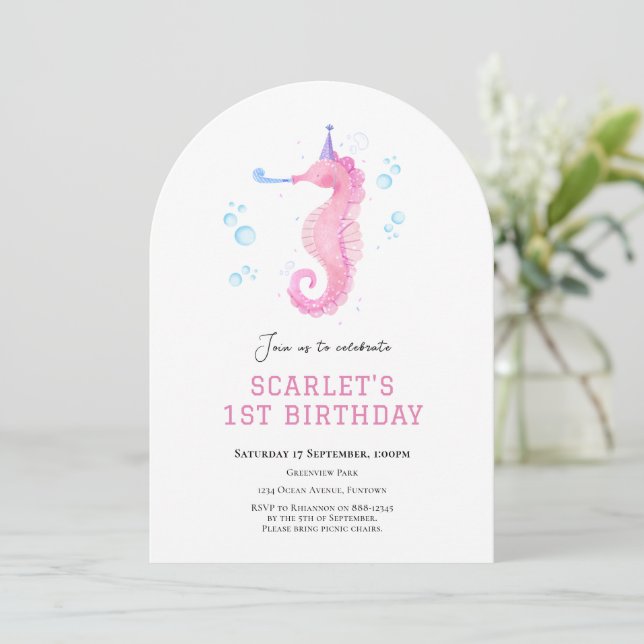 Invitación Caballo de mar rosado bajo el mar Primer cumpleaño (Anverso de pie)