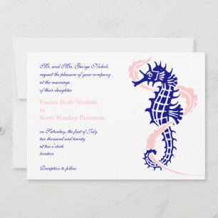Invitación Caballo de mar y azul marino de algas, boda rosa