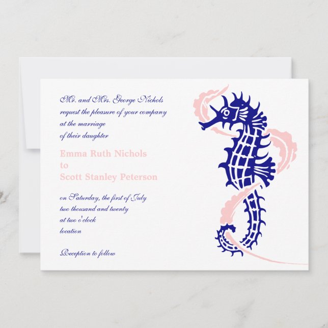 Invitación Caballo de mar y azul marino de algas, boda rosa (Anverso)