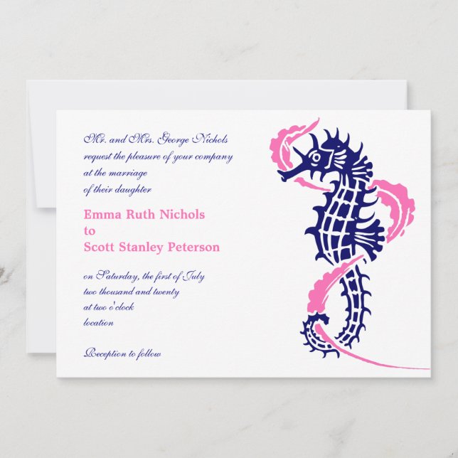 Invitación Caballo de mar y azul marino de algas, boda rosa c (Anverso)