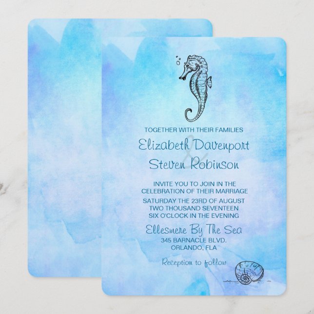 Invitación Caballo de mar y Boda de color azul (Anverso / Reverso)