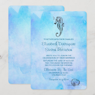 Invitación Caballo de Mar y Concha en Boda Acuarela Azul