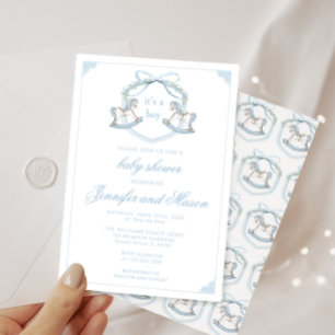 Invitación Caballo de mecedor azul escudo boho bebé ducha
