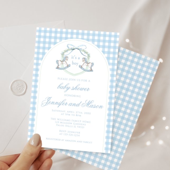 Invitación Caballo de mecedor azul escudo francés ducha de be (Subido por el creador)