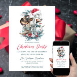 Invitación Caballo de navidad en botas de vaquero de vaquero<br><div class="desc">Navidades diseño de caballos con un caballo gris (blanco) en Santa hat,  vaquera,  botas de vaquero,  gorra de vaquero con un lindo muñeco de nieve y ramas de pino decoradas. Para los amantes del caballo :)</div>