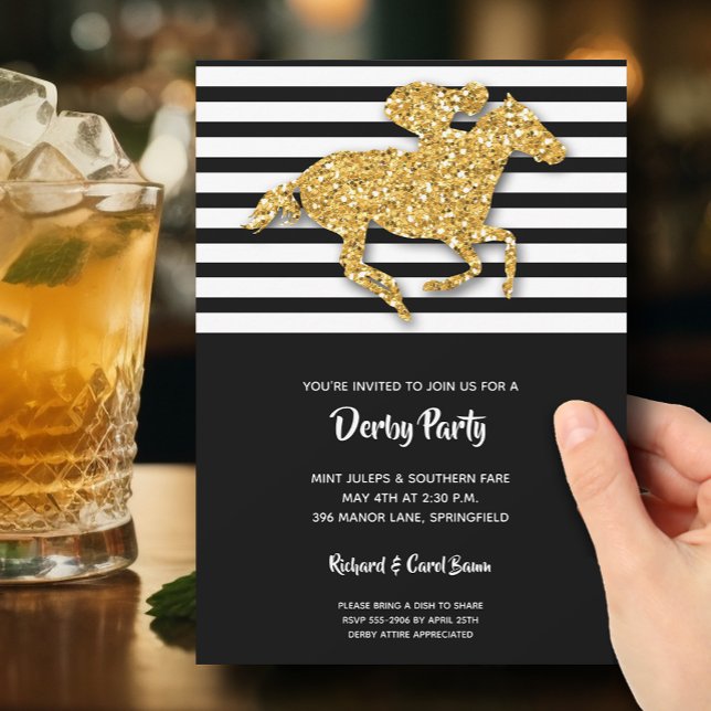 Invitación Caballo de oro y Jockey Derby (Faux gold glitter racehorse on black and white stripes Derby party invitations)