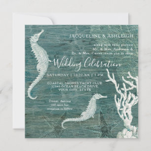 Invitación Caballo de playa Coral Verde azulado Blue Rustic W