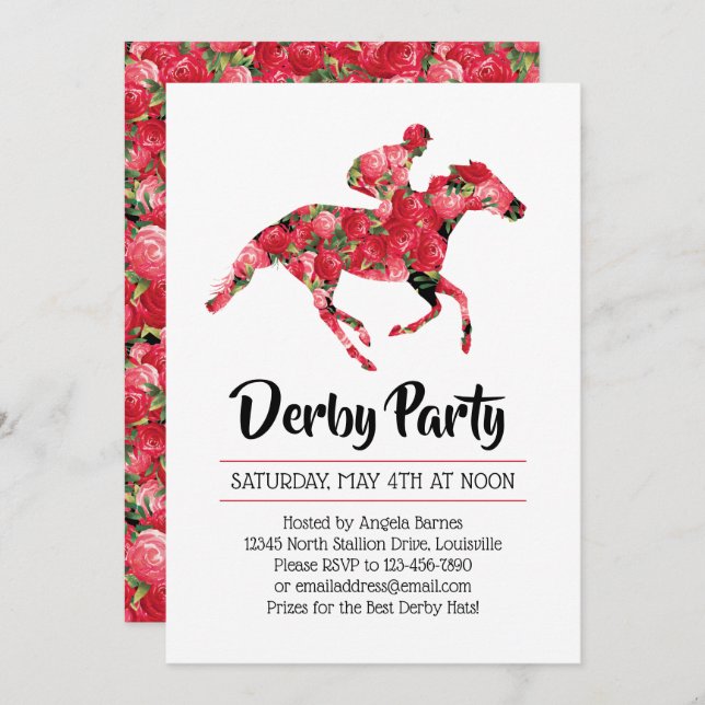 Invitación Caballo de rosas rojas Derby Fiesta (Anverso / Reverso)