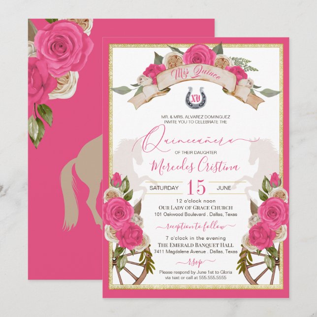 Invitación Caballo de rosas rosadas de Charro Occidental Quin (Anverso / Reverso)
