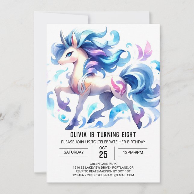 Invitación Caballo digital de acuarela de cumpleaños (Anverso)