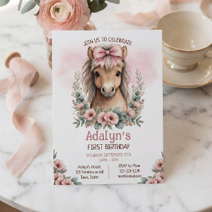 Invitación Caballo Floral Rosa Adorable Cumpleaños 1