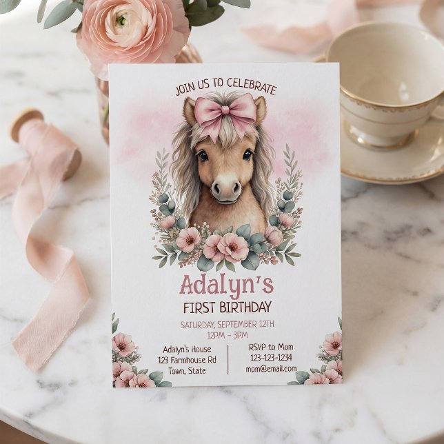 Invitación Caballo Floral Rosa Adorable Cumpleaños 1 (Subido por el creador)