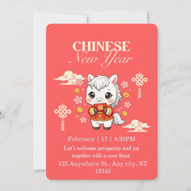 Invitación Caballo Kawaii Año Nuevo Chino  (Anverso)