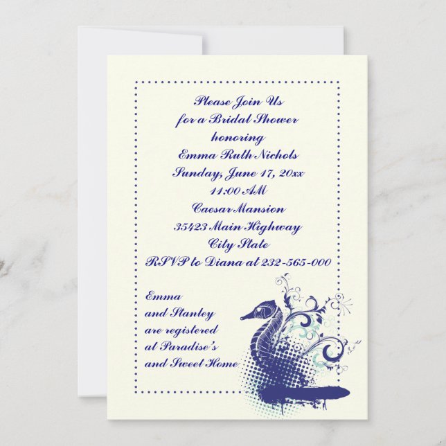 Invitación Caballo marino azul marino en ducha de novia boda  (Anverso)
