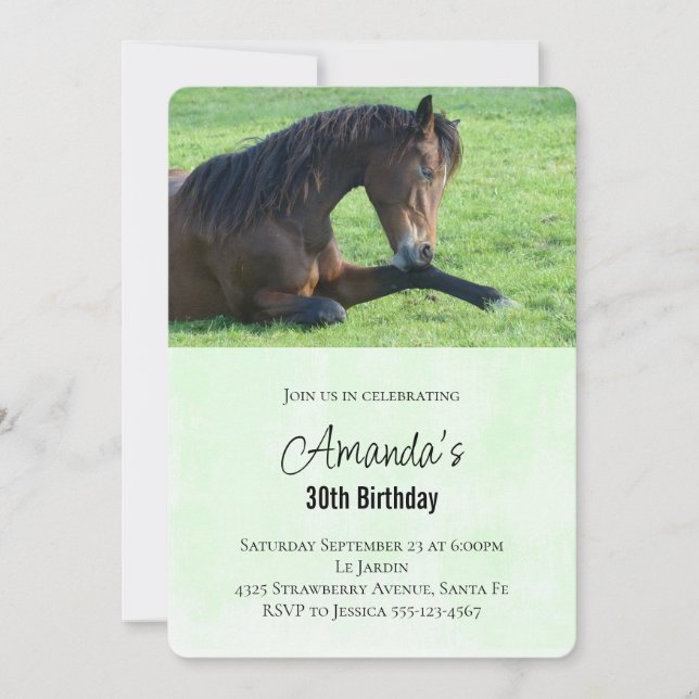 Invitación Caballo Marrón Bonito Acostado en la Hierba Cumple (Anverso)