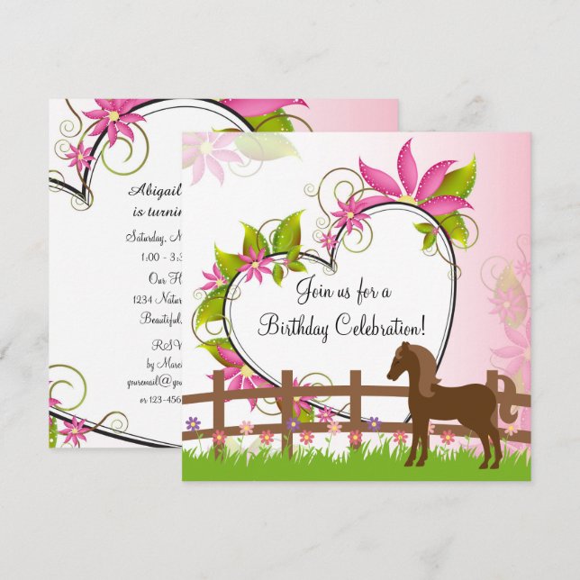Invitación Caballo marrón bonito, flores y cumpleaños del cor (Anverso / Reverso)