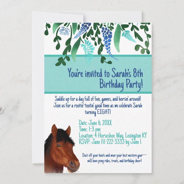 Invitación Caballo marrón en torno a la flor (Reverso)