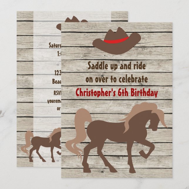 Invitación Caballo marrón y Gorra bovina cumpleaños occidenta (Anverso / Reverso)