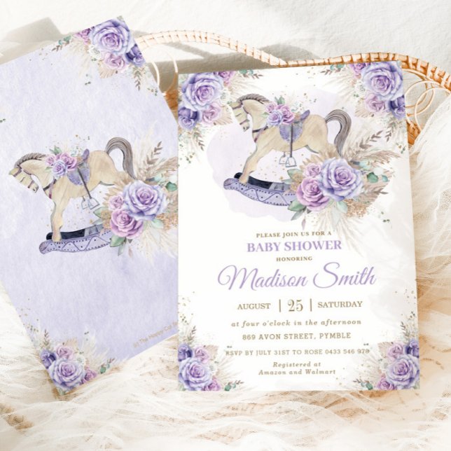 Invitación Caballo Mecedor Floral Morado Boho Hierba Pampas B (Subido por el creador)