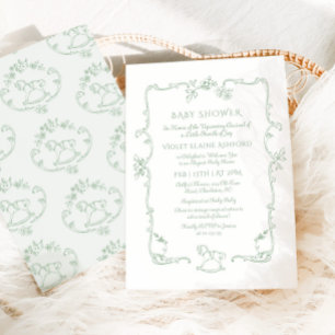 Invitación Caballo mecedor Toile de Jouy Verde Sage Shower de