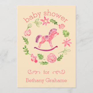 Invitación Caballo mecedora rosado Baby Shower de la acuarela