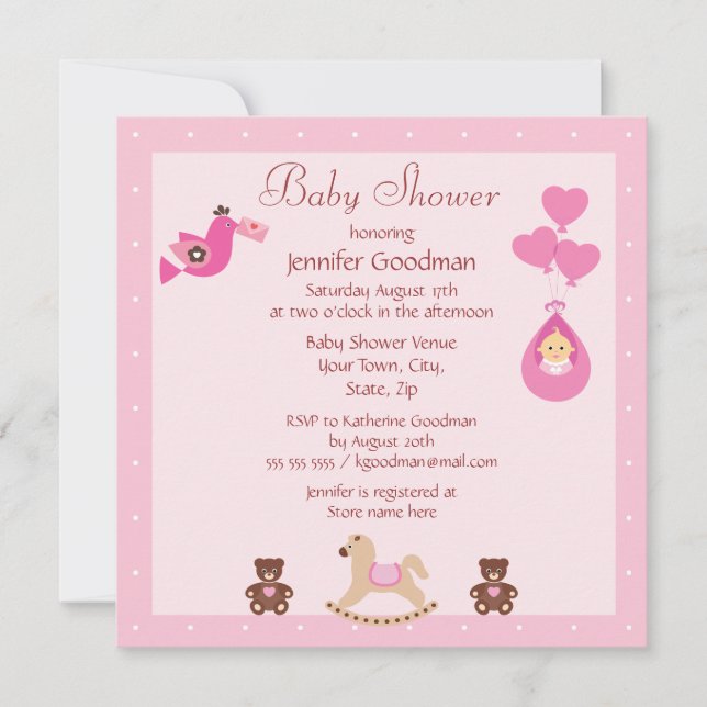 Invitación Caballo mecedora y osos Baby Shower rosado (Anverso)