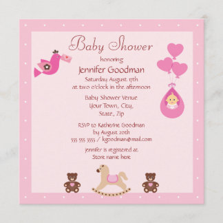 Invitación Caballo mecedora y osos Baby Shower rosado
