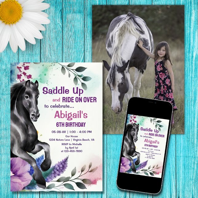 Invitación Caballo negro alto y flores foto cumpleaños (Subido por el creador)