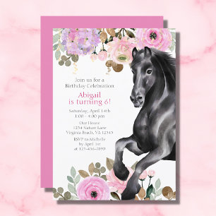 Invitación Caballo negro bonito con flores rosadas Cumpleaños
