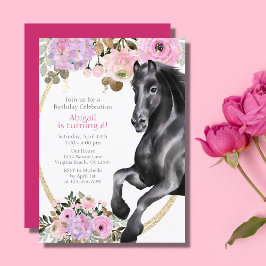 Invitación Caballo negro bonito con flores rosadas Cumpleaños