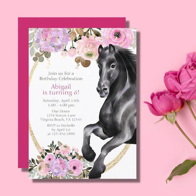 Invitación Caballo negro bonito con flores rosadas Cumpleaños (Subido por el creador)