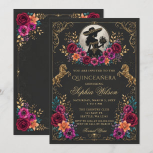 Invitación Caballo Occidental de Oro Negro Floral Charra Quin